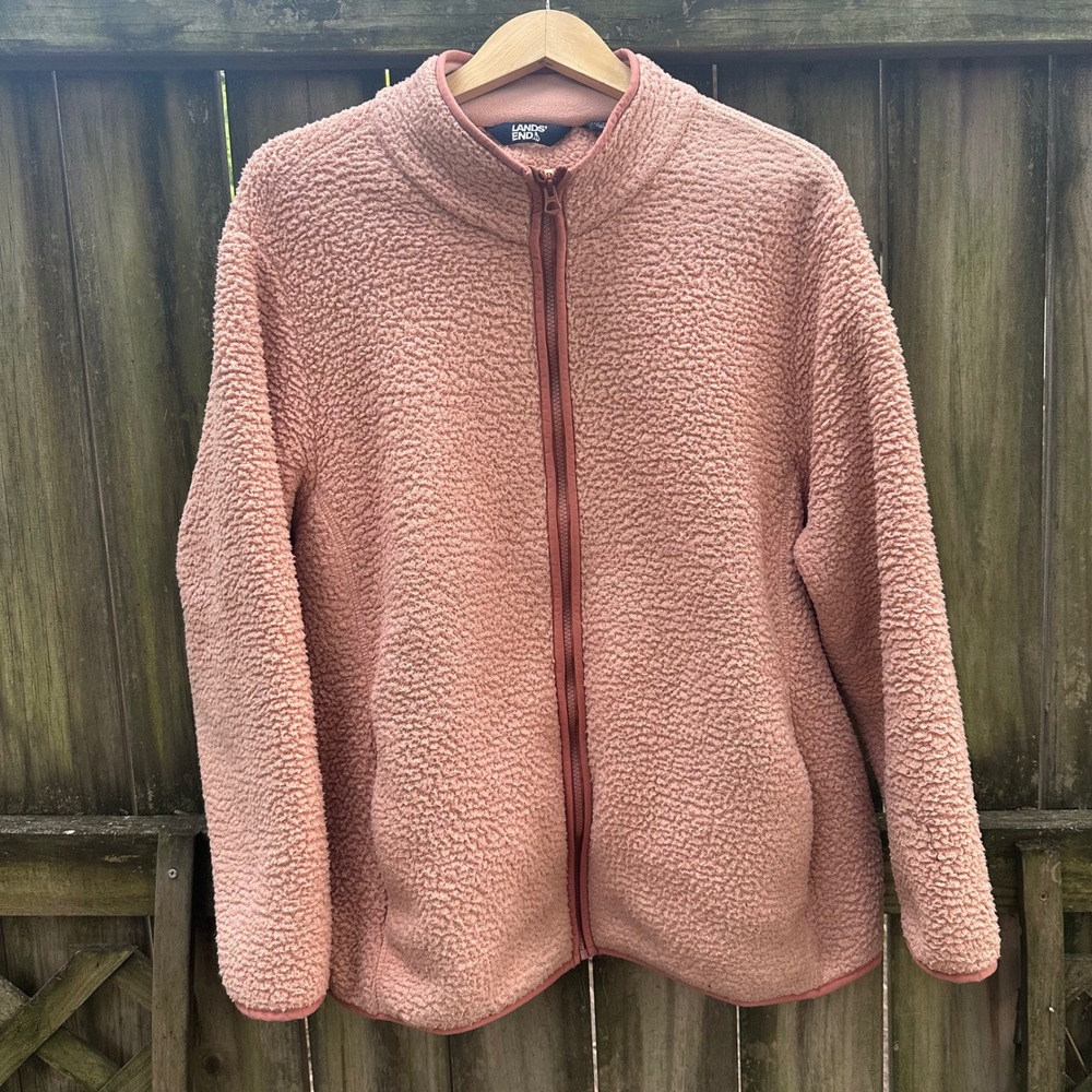 Lands End Womens 3X Dusty Rose Sherpa Fleece Full Zip Teddy Jacket 24W-26W
